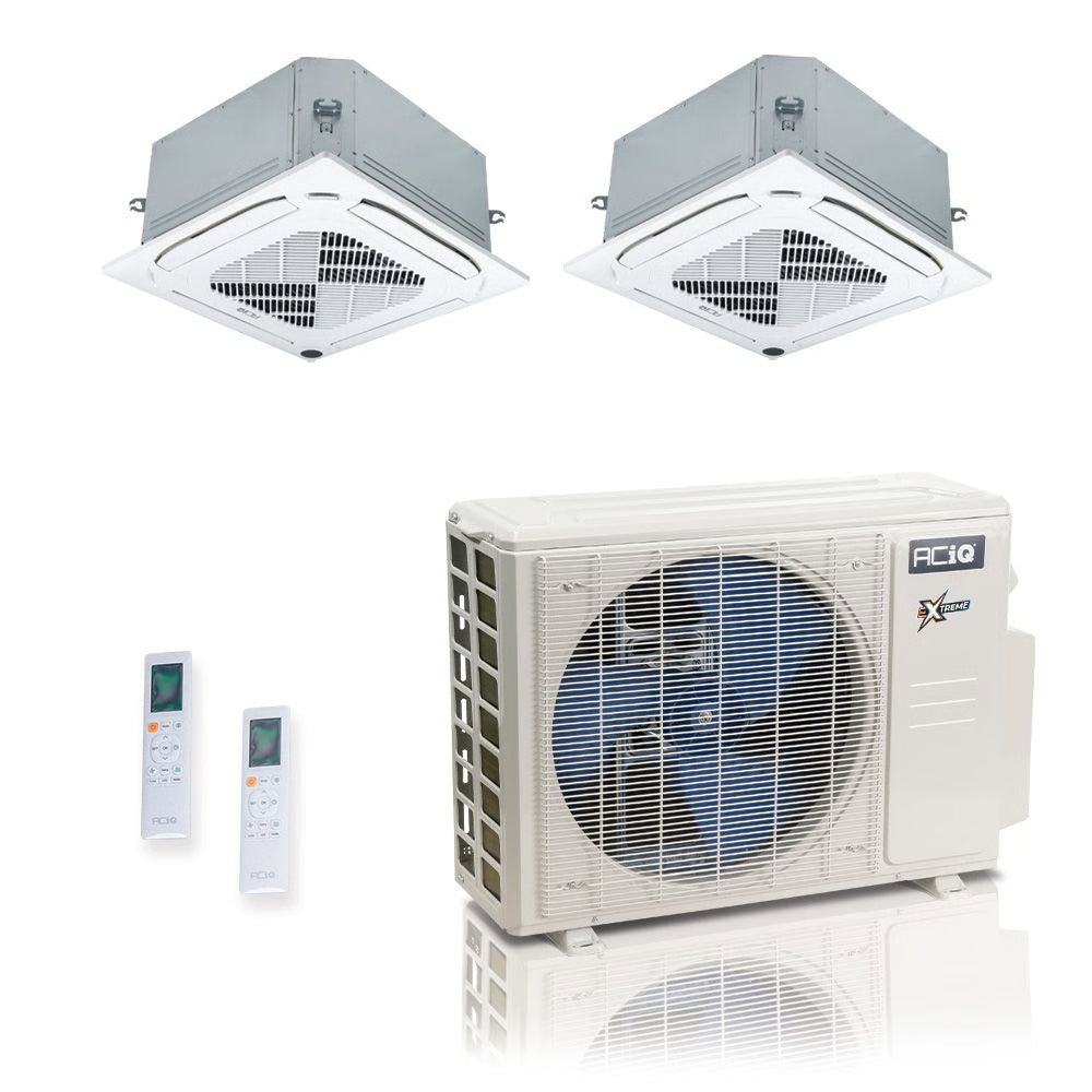18,000 BTU 25 SEER2 ACiQ Extreme 2-Zone Ceiling Cassette Mini Split System | R454B | 230v - 9+12